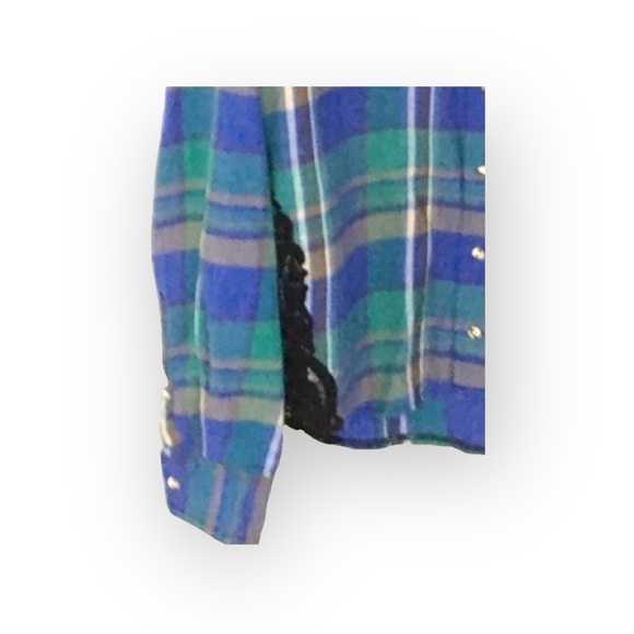 new LF Furst of a Kind  Lace Inset Flannel Shirt  Jacket Shacket  Green Plaid - Picture 4 of 16